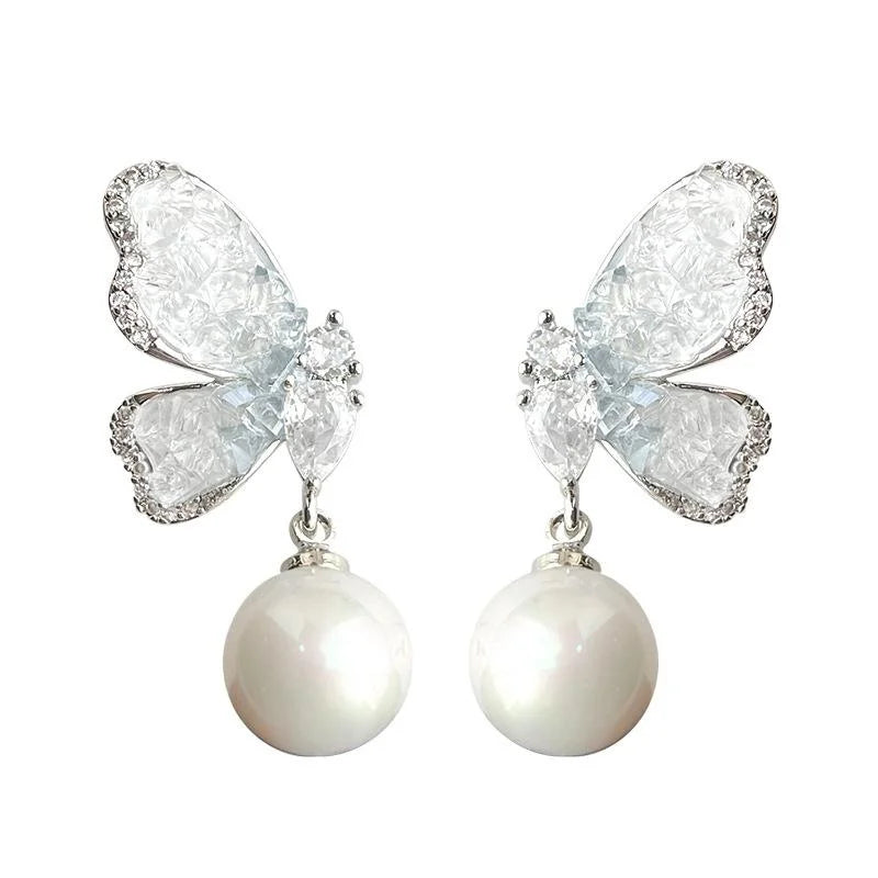 Silver Plated Copper Gradient Blue Butterfly Drop Earrings With Zircon Glass Crystal Pearl