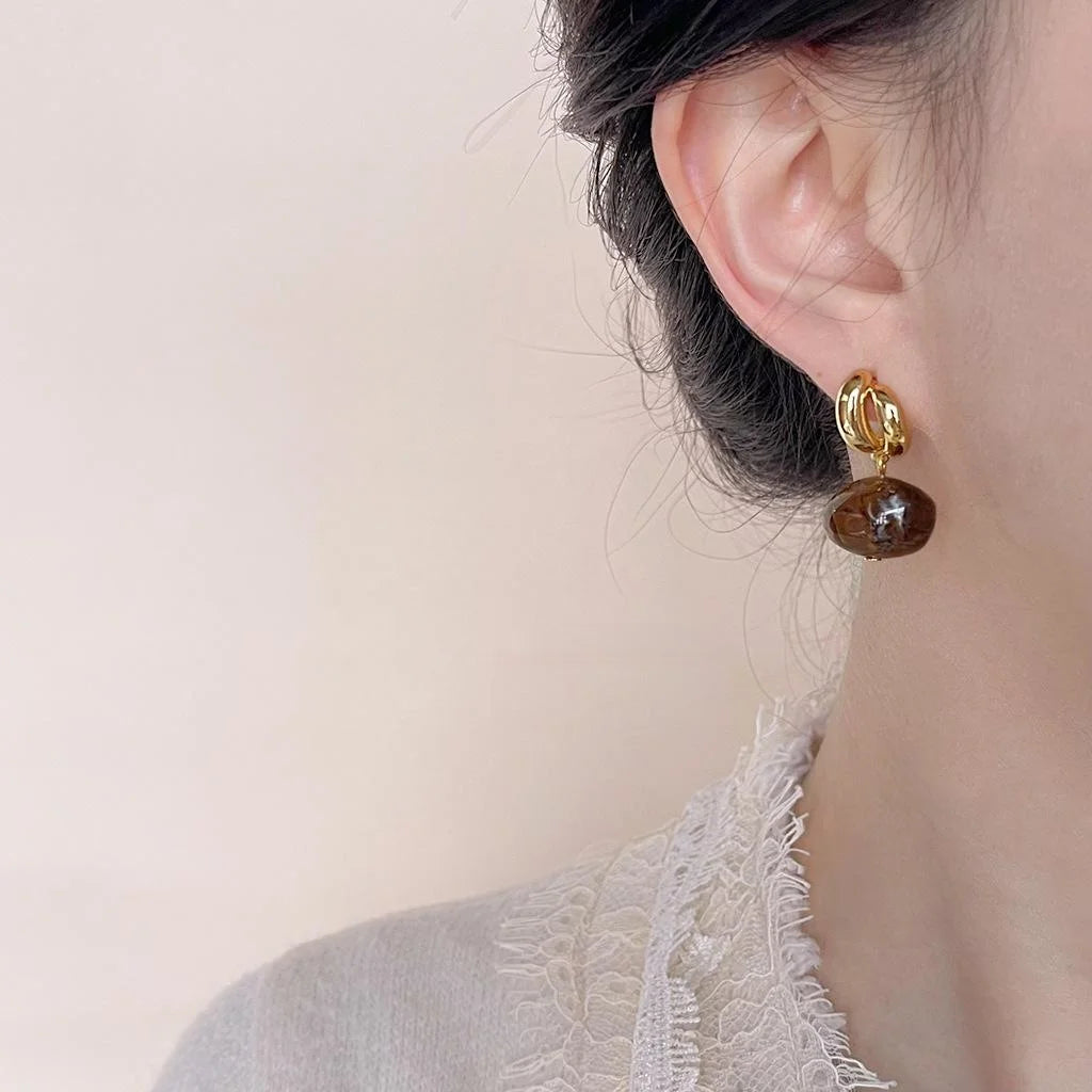 14K Gold Plated Copper Irregular Geometric Amber Drop Earrings Vintage Handmade Style