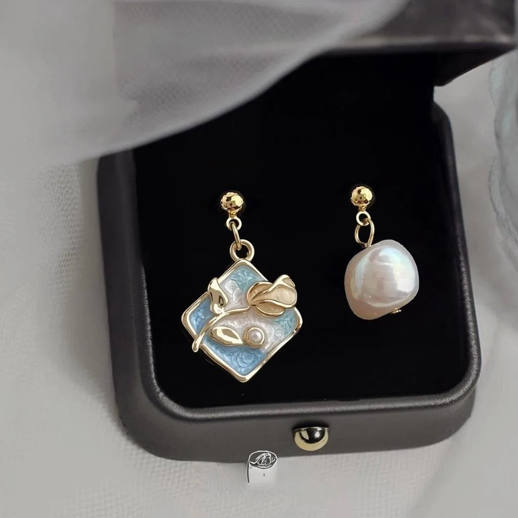 Monet Garden Asymmetric Irregular Baroque Freshwater Pearl Rose Petal Luxury Drop Earrings