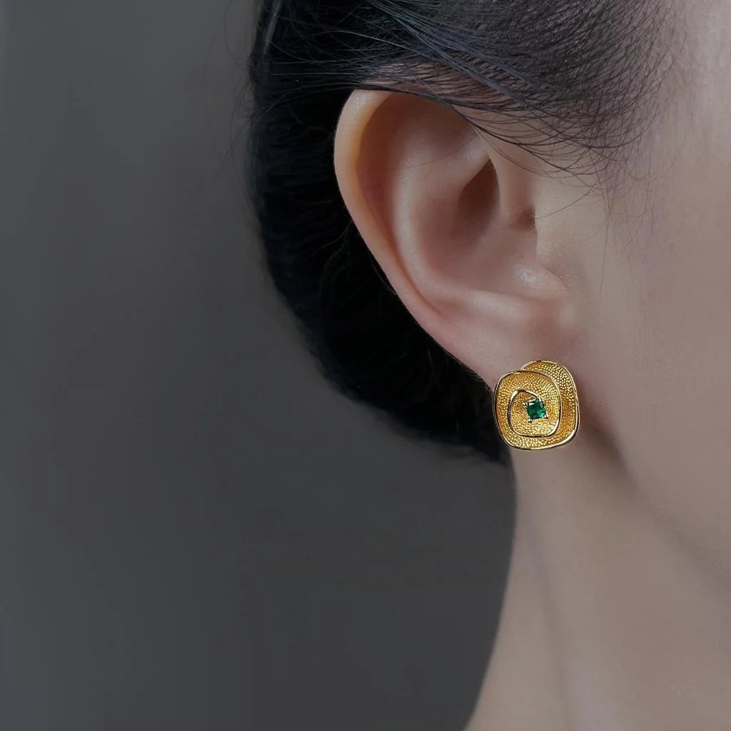Vintage Micro Pave Zircon 3D Geometric Flower Copper Stud Earrings