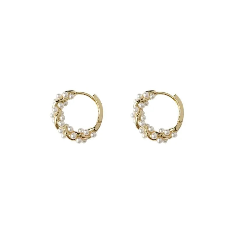 14K Gold Plated Copper Pearl Hoop Earrings Geometric Round High-End Trendy 2025 Design