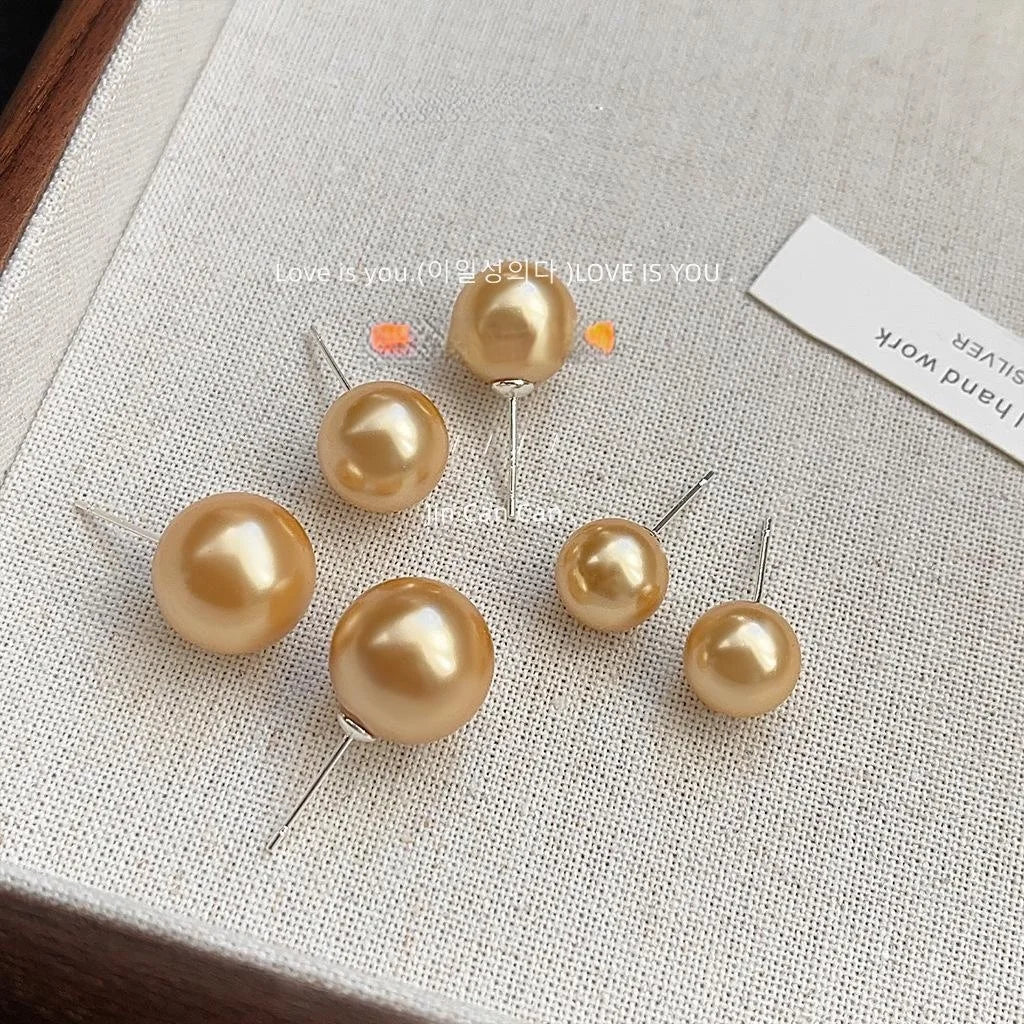Gold Glass Pearl Round Stud Earrings French Light Luxury Geometric Fashion Jewelry