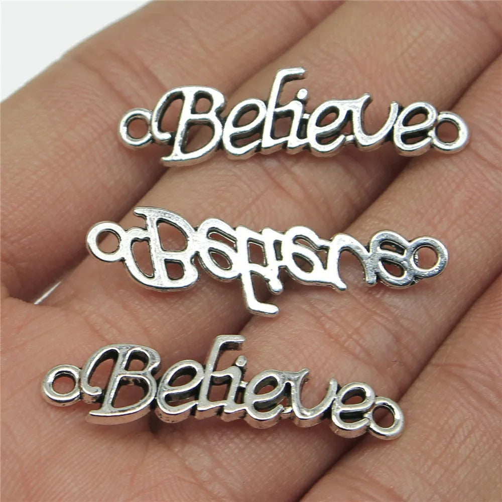 36x10mm 1.5g Antique Silver Zinc Alloy Believe Word Connector Charm for DIY Bracelet Jewelry Making