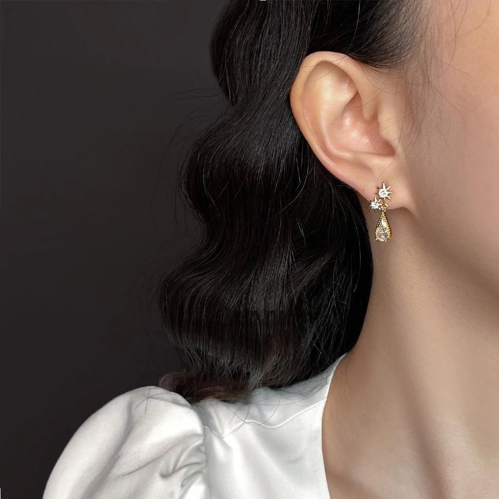14K Gold Plated Copper Star Teardrop Micro Pave Zircon Drop Earrings
