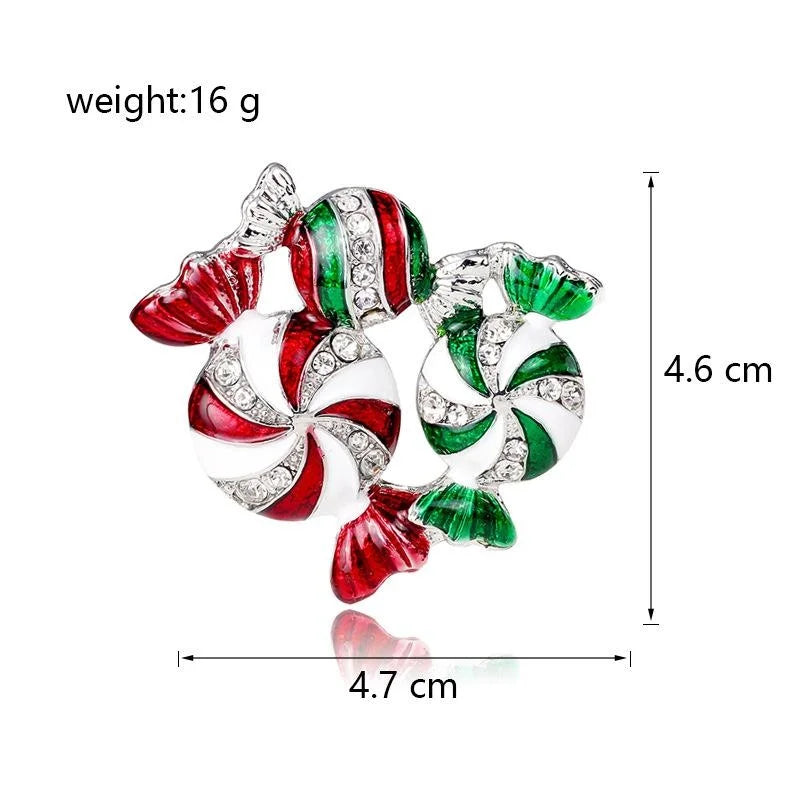 Cute Christmas Candy Brooch With Enamel Rhinestone Alloy, Red Green Peppermint Lapel Pin Corsage Gift