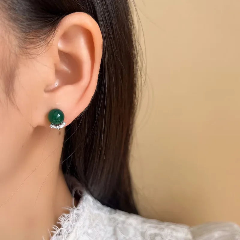 Vintage Chinese Style Green Agate Round Bead Rhinestone Spiral Stud & Clip On No Piercing Earrings
