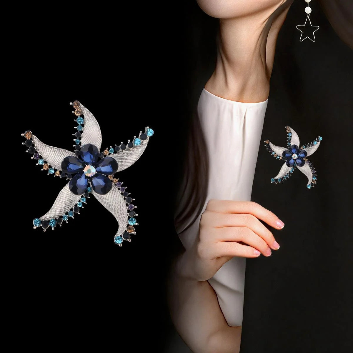 Elegant Starfish Rhinestone Alloy Brooch For Women, Luxury Crystal Lapel Pin Corsage Suit Accessory Gift