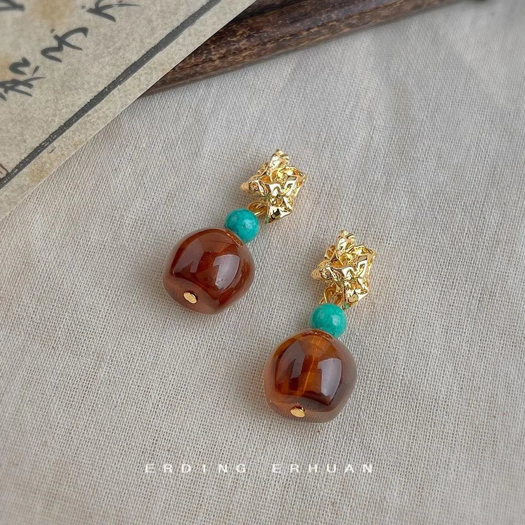 Vintage Maillard Hong Kong Style Synthetic Turquoise Resin Irregular Geometric Drop Earrings