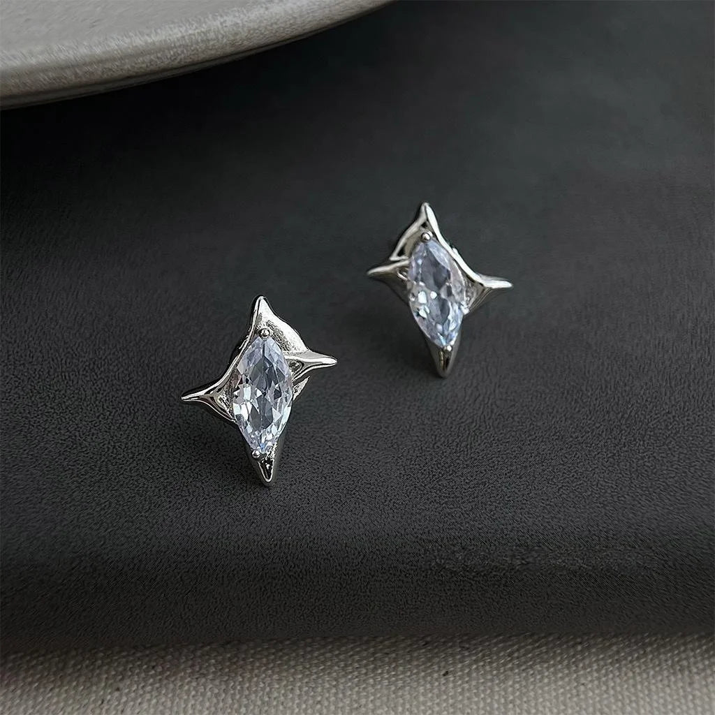 Sweet Cool Copper Micro Pave Zircon Starburst Rhombus Stud Earrings Minimalist Metallic Style