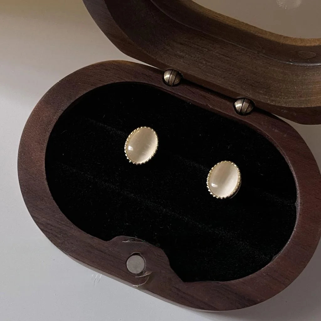 Mini Oval Glass Cat Eye Stone Stud Earrings 14K Plated Copper Simple Daily Jewelry