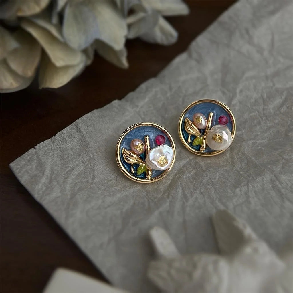 Vintage Baroque Freshwater Pearl Floral Geometric Silver Plated Stud Earrings with Oil Painting Design