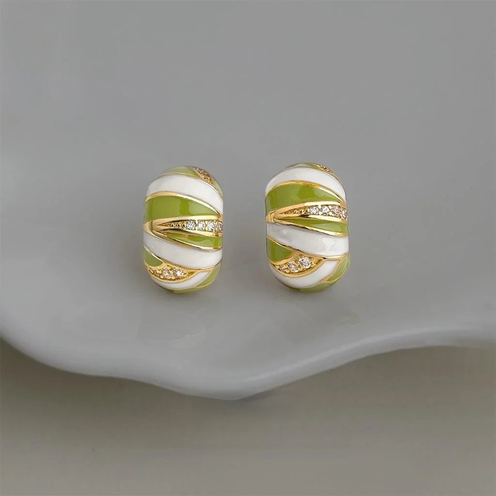 Green Zircon Micro Pave Copper C Shaped Hoop Earrings Geometric Line Commuter Jewelry