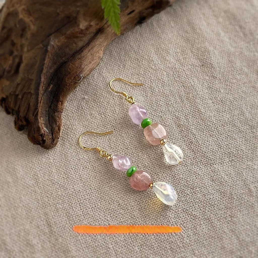 Handmade Natural Stone Drop Earrings With Strawberry Quartz Amethyst Irregular Geometric Pastoral Style