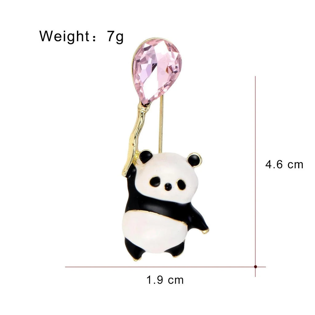 Cute Enamel Panda Holding Pink Rhinestone Balloon Brooch, Gold Tone Alloy Lapel Pin Corsage Gift