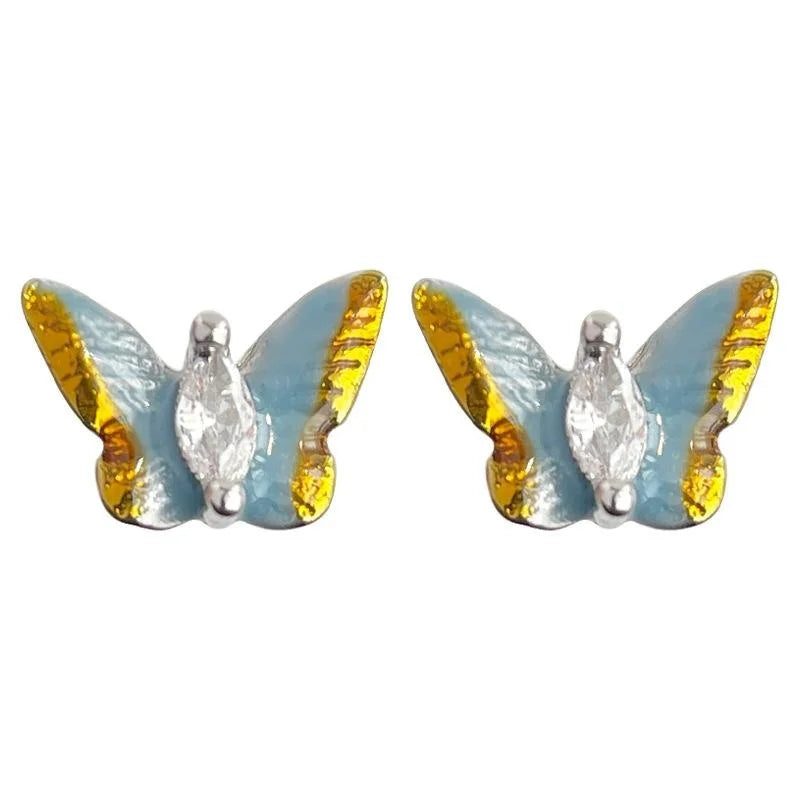 Vintage Enamel Gradient Haze Blue Mini Butterfly Stud Earrings Copper