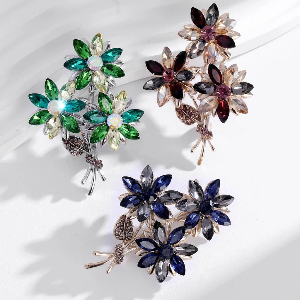 Elegant Blue Gray Rhinestone Flower Bouquet Brooch Gold Alloy Lapel Pin Corsage Suit Accessory Gift