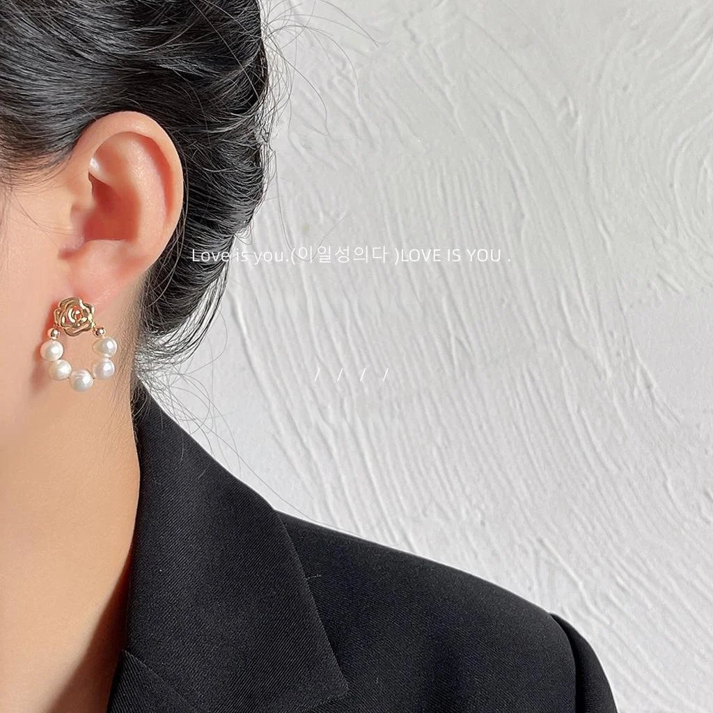 Handmade 14K Gold Plated Copper Rose Stud Earrings With Freshwater Pearl Forest Style