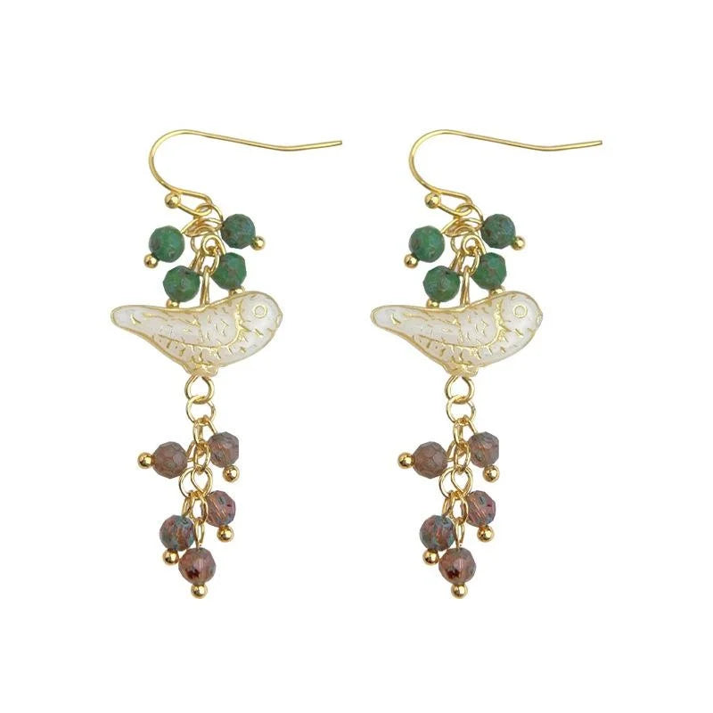 Handmade Glazed Glass Grape Cluster Bird Drop Earrings Forest Sweet Original Design Jewelry