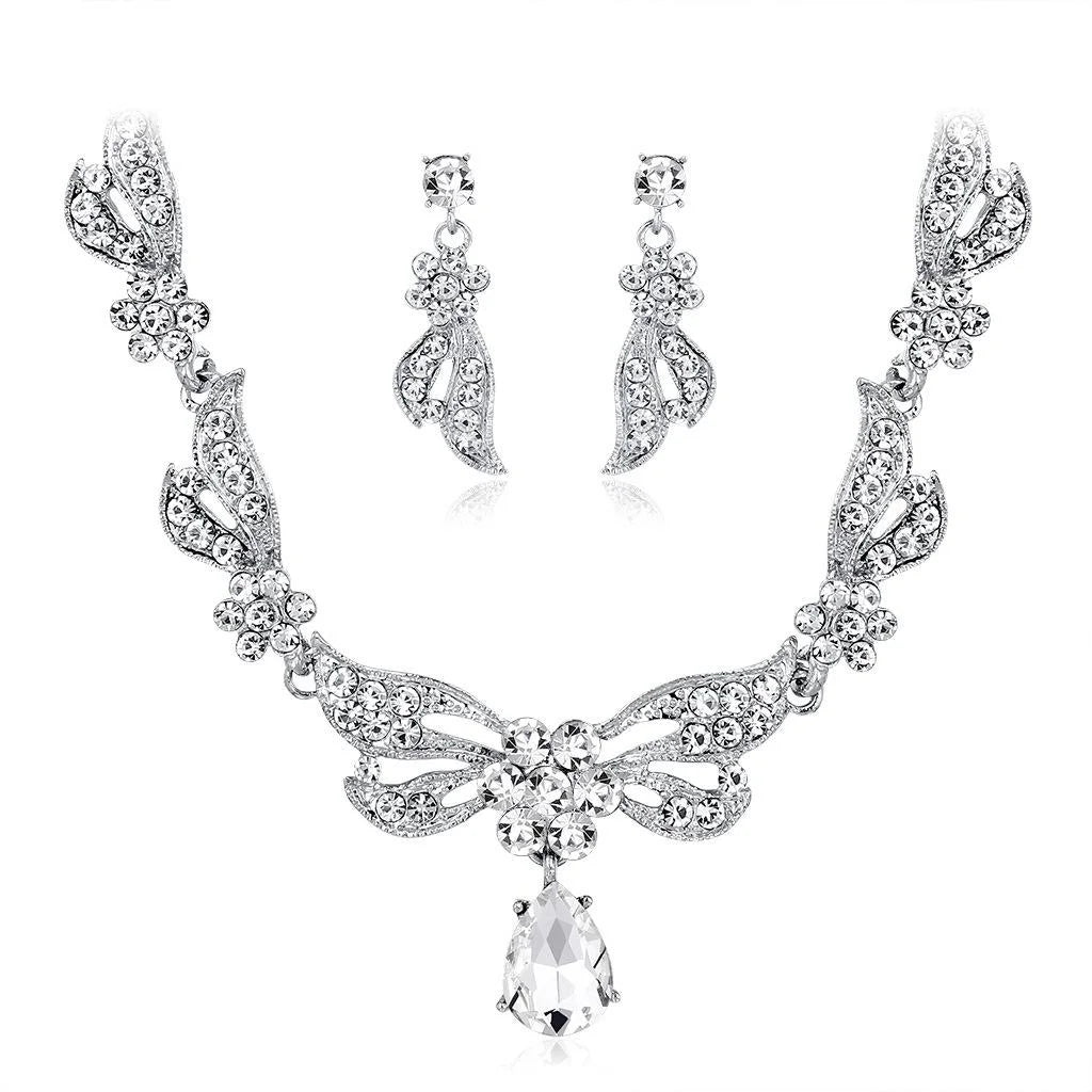 Elegant Bridal Crystal Rhinestone Butterfly Necklace And Earrings Jewelry Set For Wedding Party Banquet Gift
