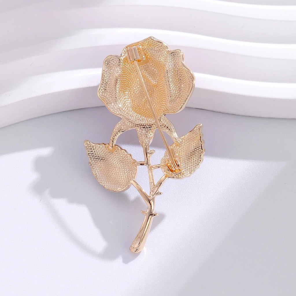 Elegant Red Enamel Rose Flower Brooch With Gold Tone Alloy Stem And Green Leaves Lapel Pin Gift
