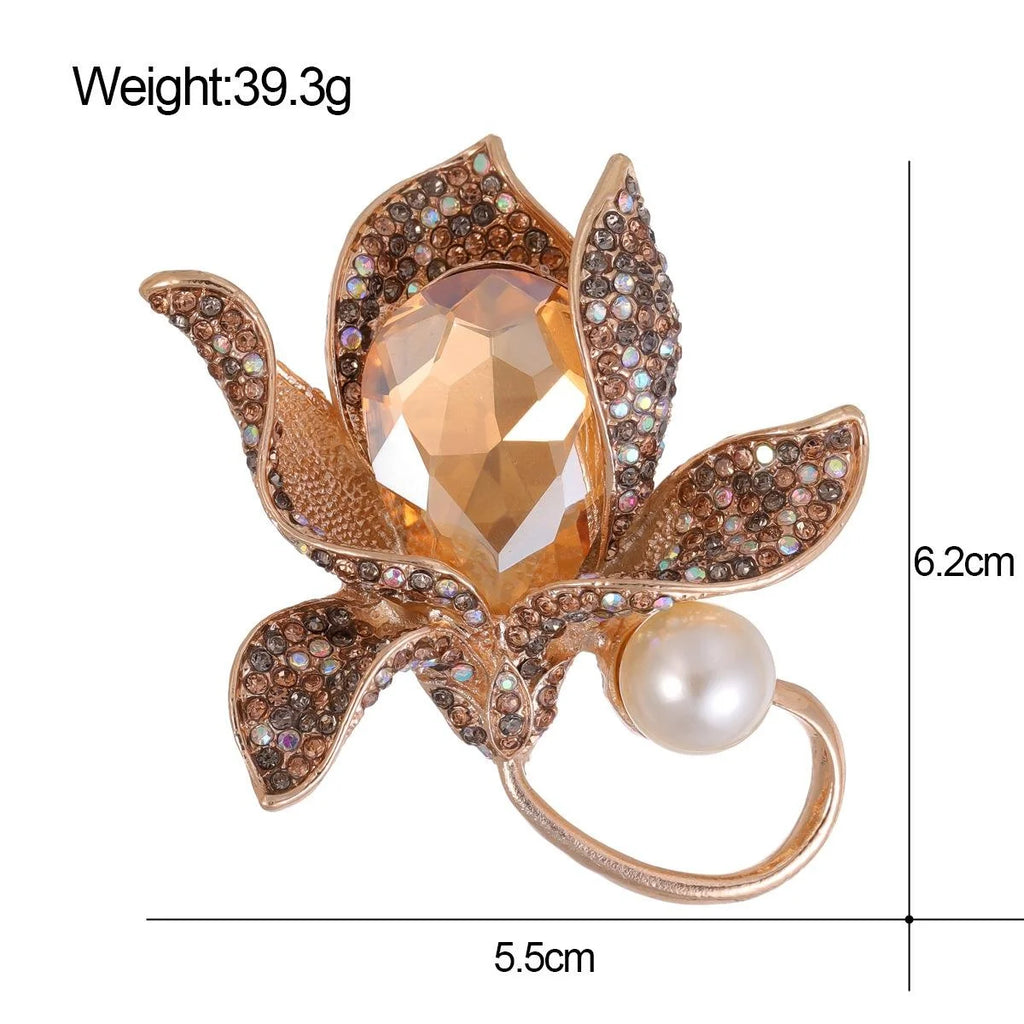 Elegant Vintage Orchid Flower Brooch With Crystal Rhinestones And Pearl, Luxury Copper Alloy Lapel Pin Gift