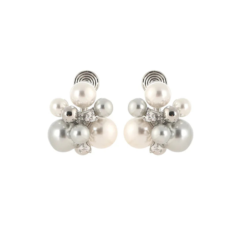 Luxury Grey Pearl Firework Cluster Rhinestone Stud & Clip On No Piercing Women's Fashion Earrings