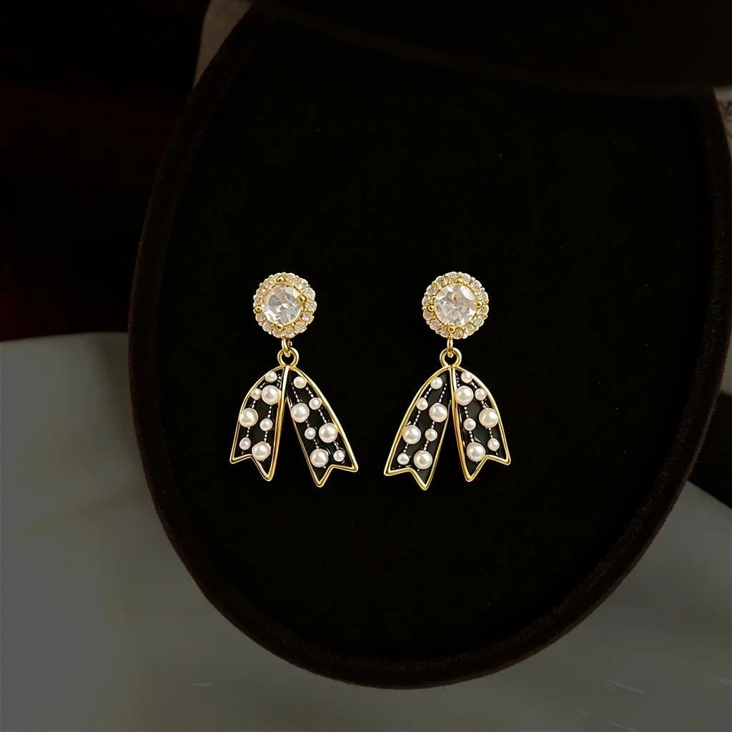 Cute Black Enamel Polka Dot Bow Drop Earrings Copper Micro Pave Zircon Fashion Jewelry