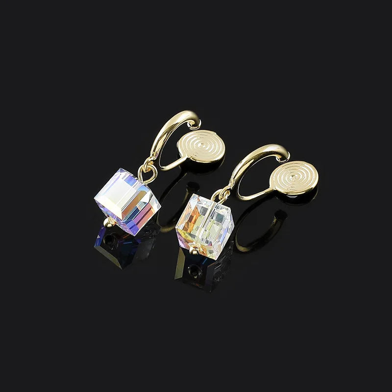 Elegant Gold Tone Cube Crystal Hoop Dangle Stud & Clip On No Piercing Sweet Luxury Earrings