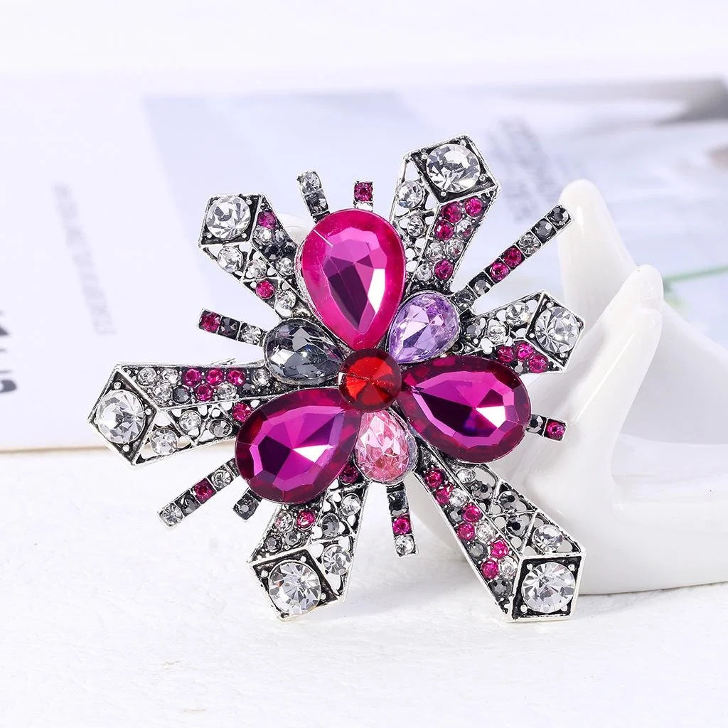 Vintage Pink Acrylic Gem Flower Brooch With Rhinestone Alloy Burst Design, Elegant Lapel Pin Gift