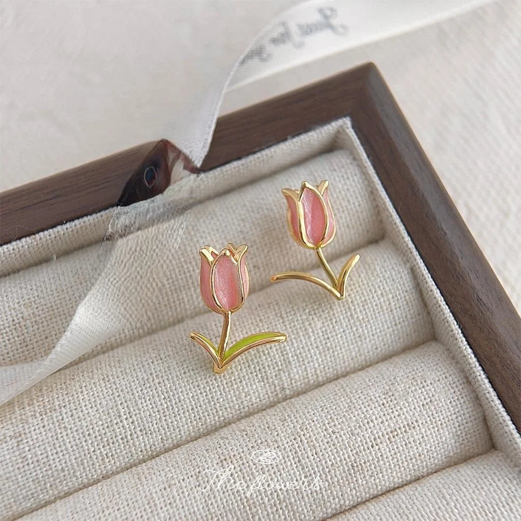 14K Gold Plated Copper Enamel Tulip Stud Earrings Sweet Floral Jewelry