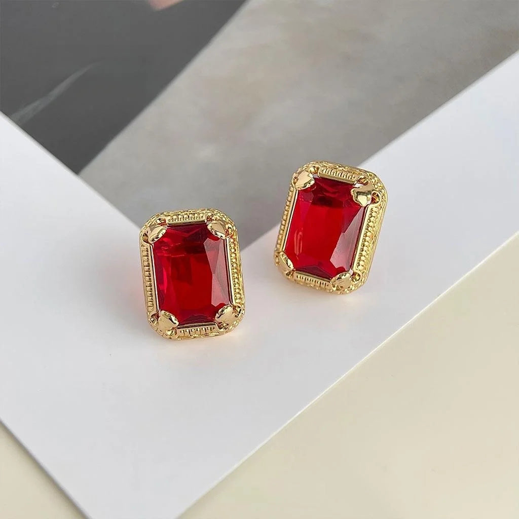 18K Gold Plated Copper Geometric Red Glass Crystal Drop Earrings Luxury Style