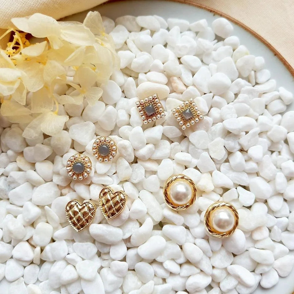 14K Gold Plated Alloy Pearl Heart Stud Earrings French Simple Romantic Style for Women