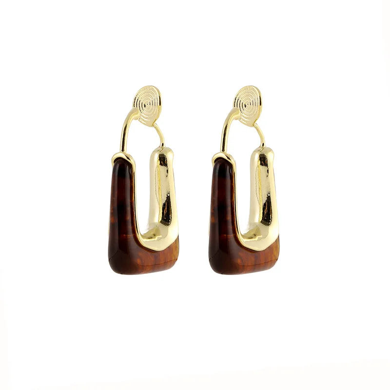 Vintage French Brown Resin Geometric Hoop Stud & Clip On No Piercing Gold Alloy Spiral Earrings