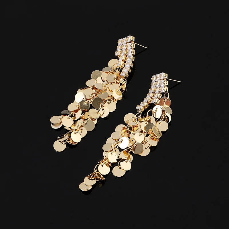 Luxury Gold Rhinestone Bar Spiral Disc Sequin Long Tassel Stud & Clip On No Piercing Earrings