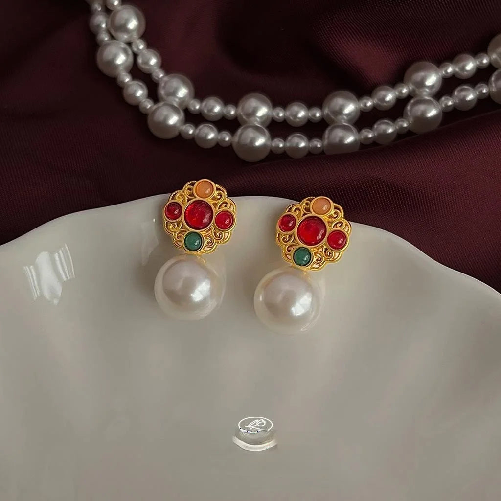 Light Luxury Vintage French Pearl Drop Earrings Copper Hollow Totem Design