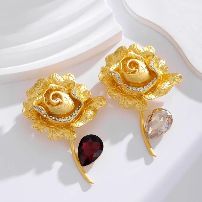 Vintage Gold Alloy Rose Flower Brooch With Rhinestone Petals And Red Crystal Drop, Elegant Lapel Pin Gift