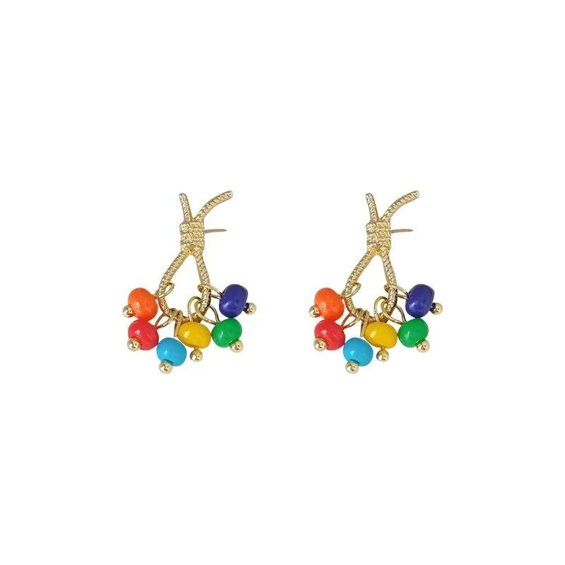 Ethnic Style Copper Stud Earrings With Colorful Glass Beads Rope Knot Geometric Vacation Design