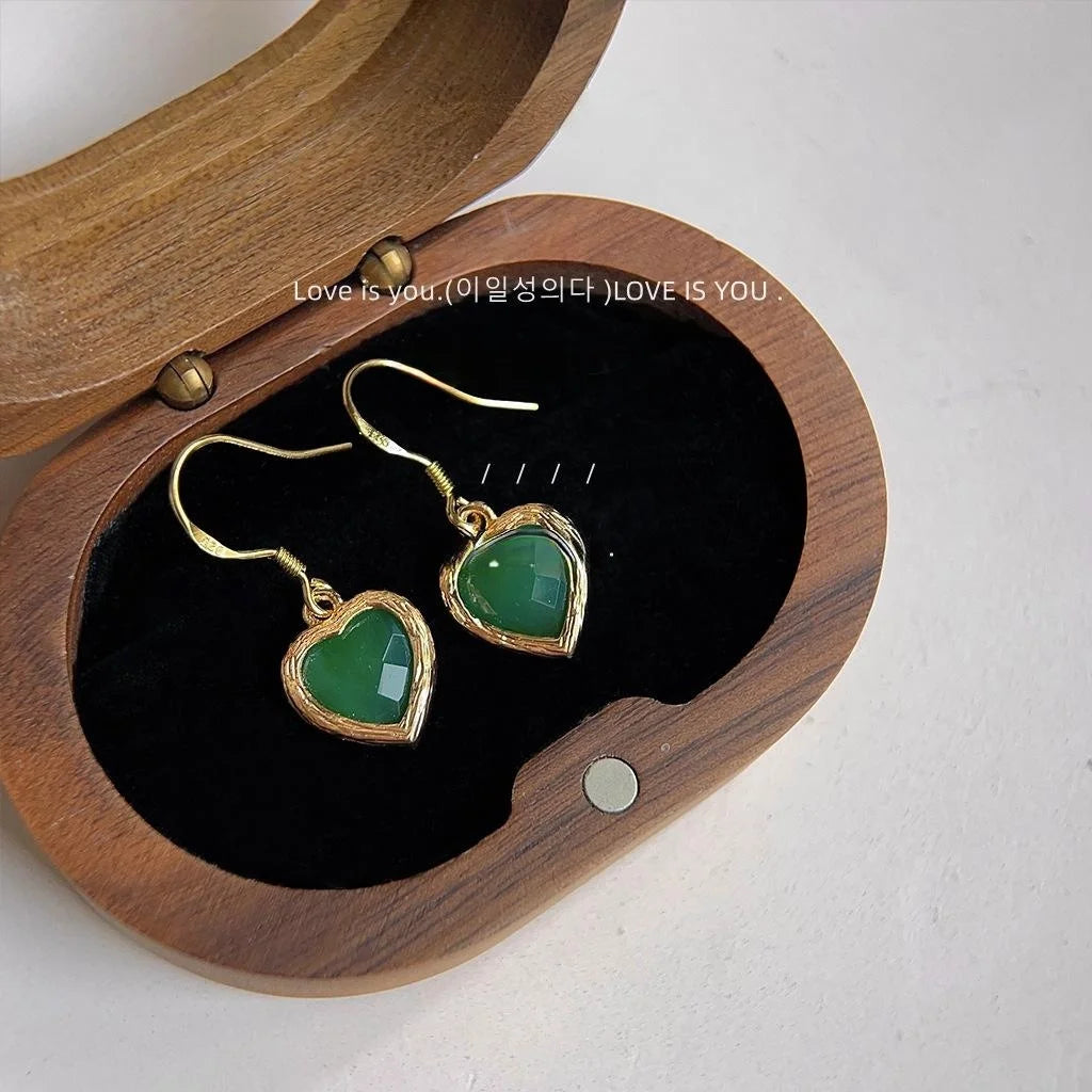 Vintage Green Glass Crystal Heart Drop Earrings Copper French Elegant Retro Jewelry