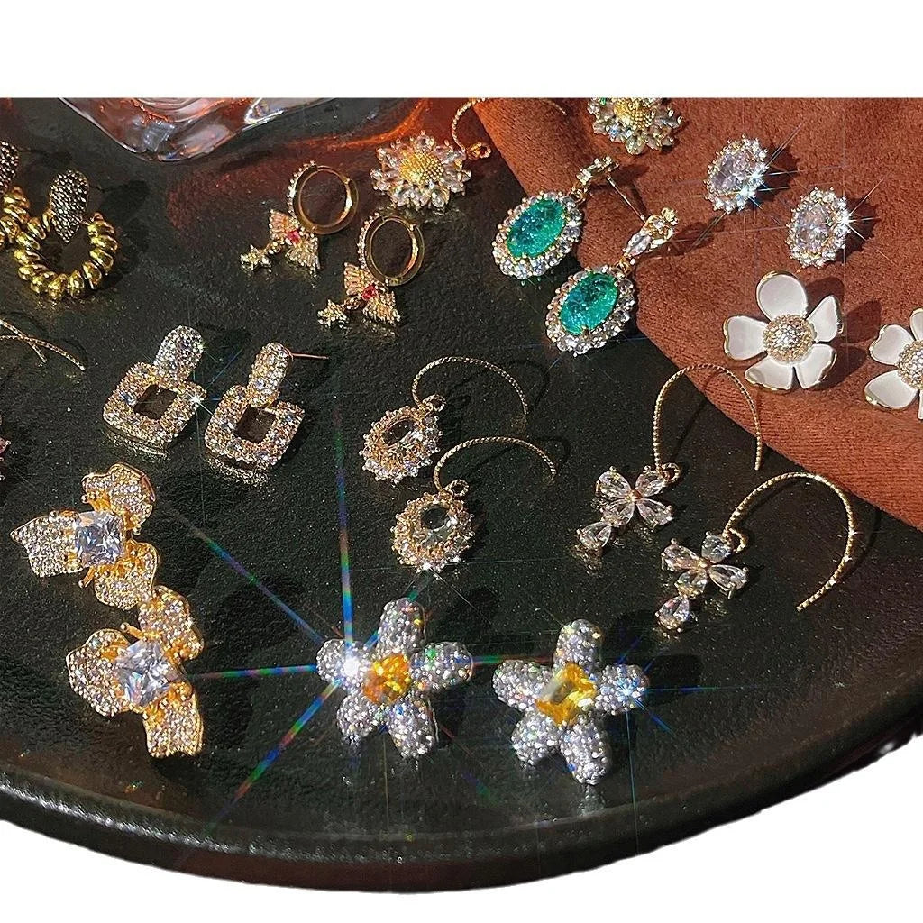 14K Gold Plated Copper Micro Pave Zircon Flower Stud Earrings For Elegant OL Style