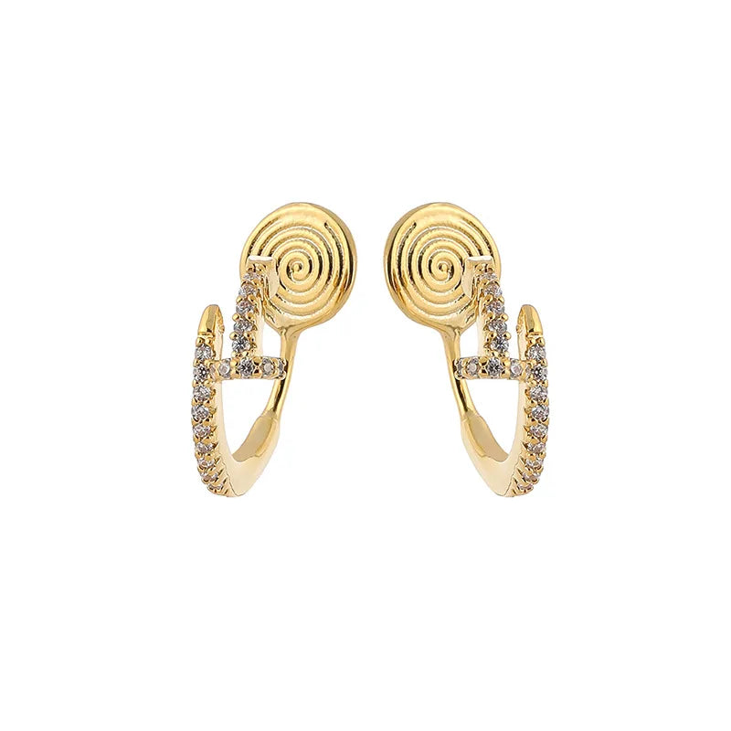Elegant Gold Zircon Spiral Disc C Hoop Stud & Clip On No Piercing Commuter Fashion Earrings