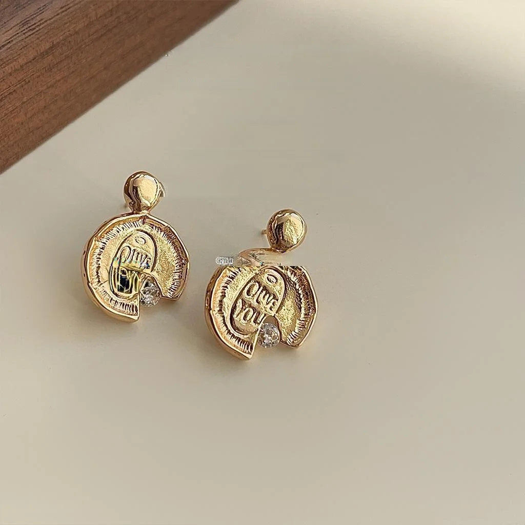 Vintage French Copper Coin Drop Earrings With Micro Pave Zircon Letter Design
