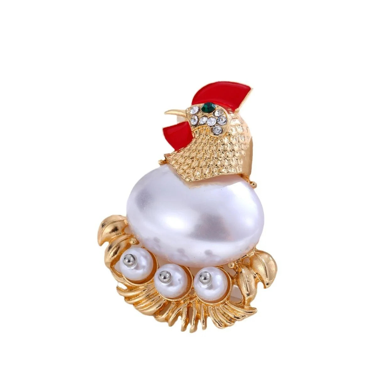 Vintage Pearl Rooster Brooch With Red Enamel And Rhinestone Accents, Elegant Women's Lapel Pin Gift