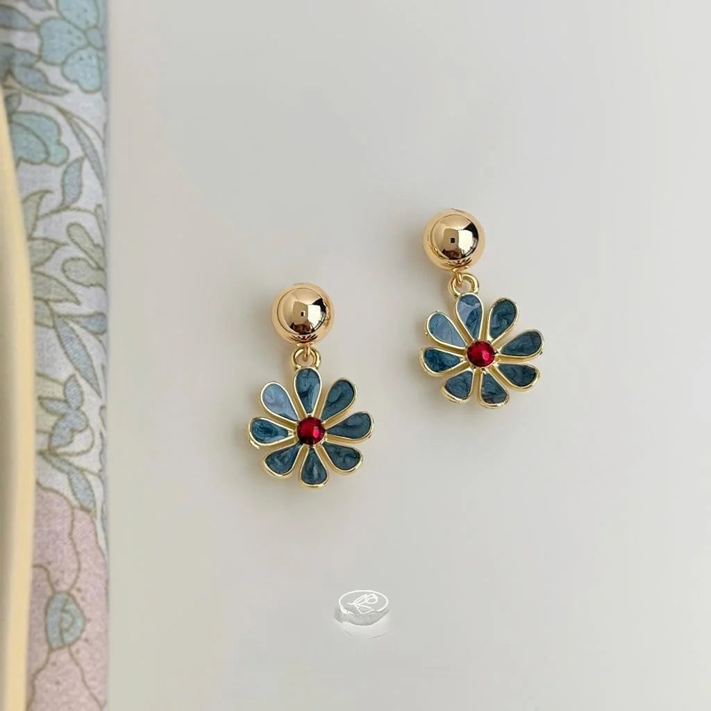 Gold Plated Copper Haze Blue Enamel Flower Petal Drop Earrings For Women Elegant Minimalist Office Jewelry