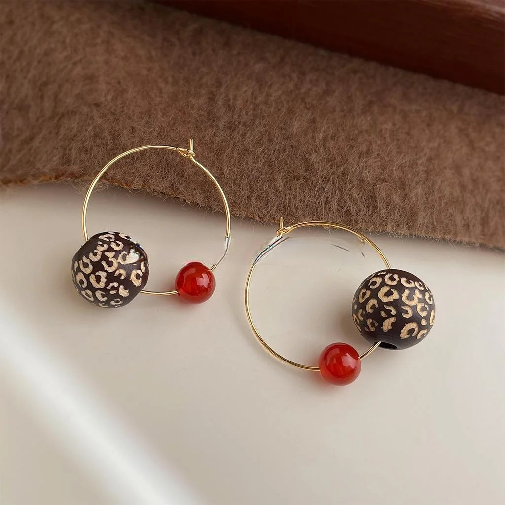 Vintage Maillard Leopard Print Wood Bead Hoop Earrings Red Agate Copper Geometric Round Jewelry