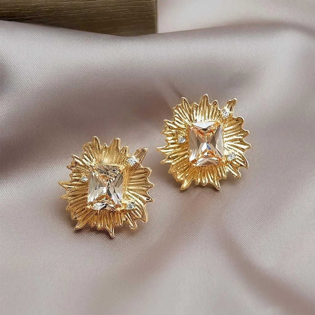 14K Plated Copper Zircon Geometric Flower Stud Earrings For Elegant Office Wear