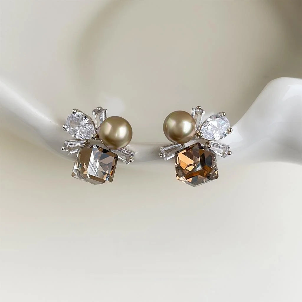 Elegant Vintage Coffee Glass Crystal Zircon Pave Copper Stud Earrings