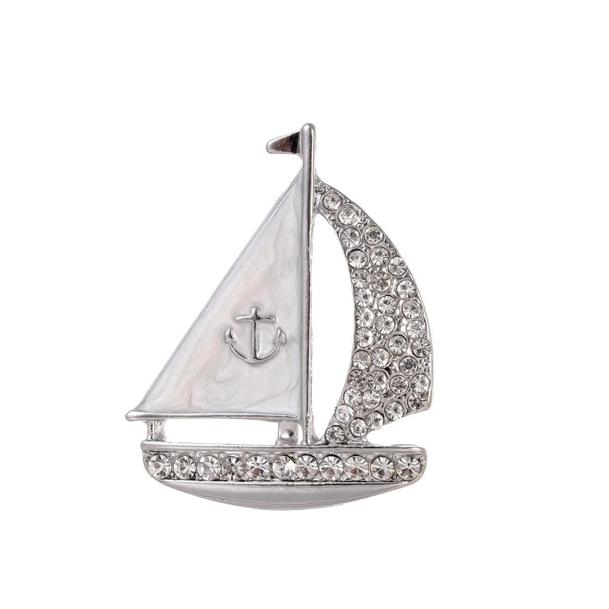 Elegant Sailboat Brooch With White Enamel Sails And Rhinestone Hull, Nautical Lapel Pin Suit Accessory Gift