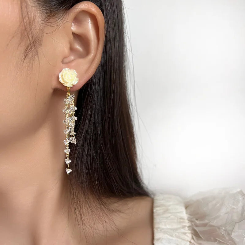 Elegant Camellia Flower Crystal Rhinestone Long Tassel Stud & Clip On No Piercing Earrings