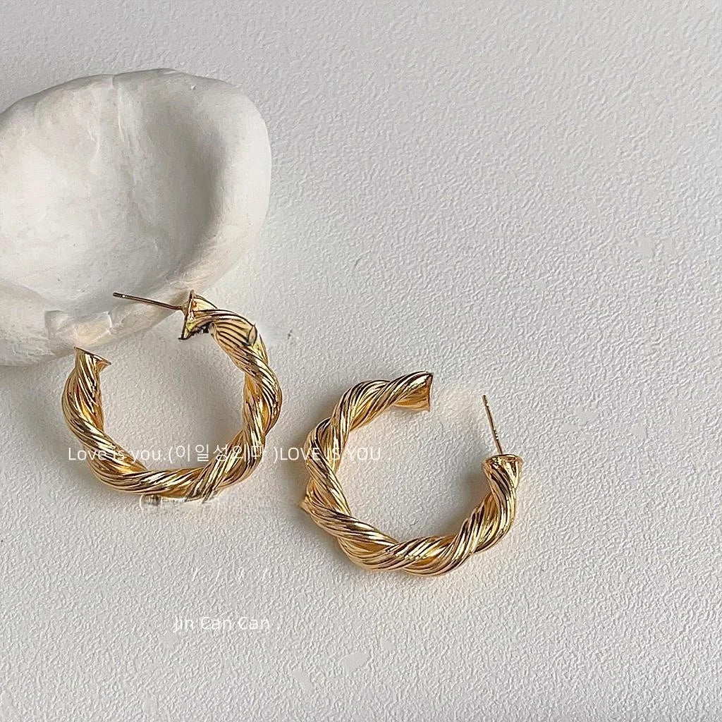 14K Plated Copper Twisted C Shape Hoop Earrings High End Geometric Wire Wrapped Fashion Jewelry
