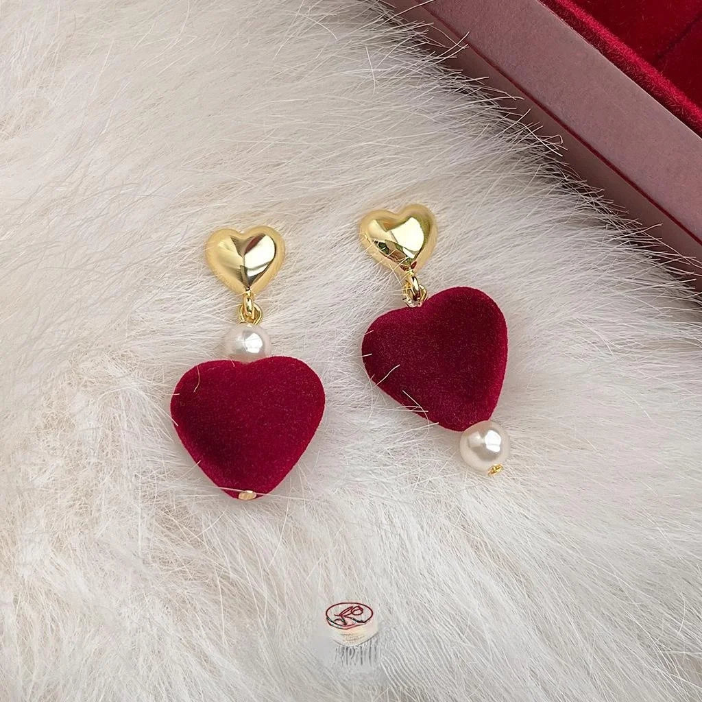 Burgundy Flocked Heart Asymmetric 14K Gold Plated Copper Drop Earrings